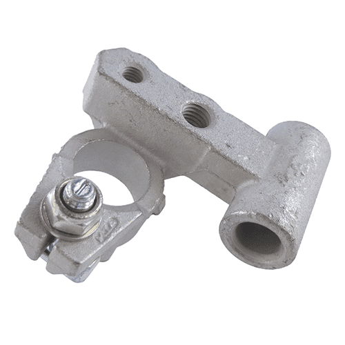 Battery Clamp "+" cast brass tin plated, cable 50mm², studs M6 + M8