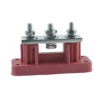High-Amp terminal bus-bar, with 2x 5/16″ and 1x 3/8″ stud bolts bridged, red