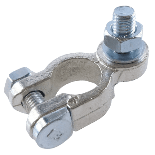 Battery Clamp "+" hot forged brass, tin-plated, pol diameter: 17.5mm, bolt M8 x 16mm