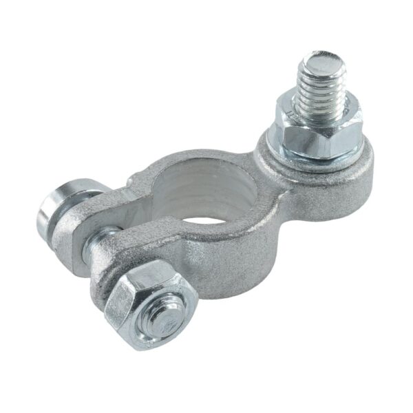 Battery Clamp "-", hot forged brass, tin-plated, pol diameter: 15.9 mm, bolt M8 x 16mm