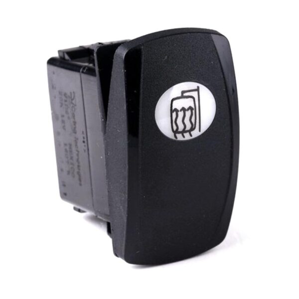 on-off Switch 12V/20A, Contura V, LED 1 superbright green, oval lens white, symbol "mirror defrost"