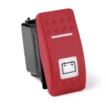 off<on Momentary Switch, 24V/15A, Contura II, LED 1 superbright green, LED 2 superbright green, square lens and bar lens white, symbol “battery”