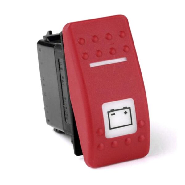 off<on Momentary Switch, 24V/15A, Contura II, LED 1 superbright green, LED 2 superbright green, square lens and bar lens white, symbol "battery"