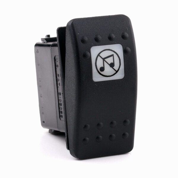 on>on Momentary Switch, 12V/20A, Contura II, LED 2 superbright green, square lens white, symbol "mute"