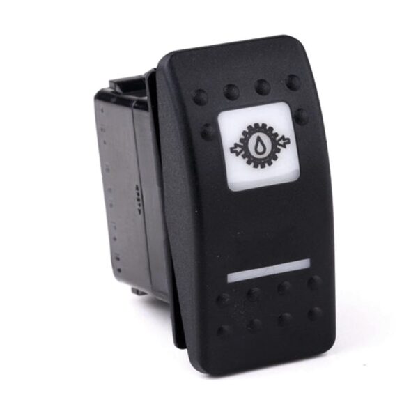 on>off<on Momentary Switch, 12V/20A, Contura II, LED 1 superbright green, LED 2 superbright red, square lens and bar lens white, symbol "trans. oil pressure"