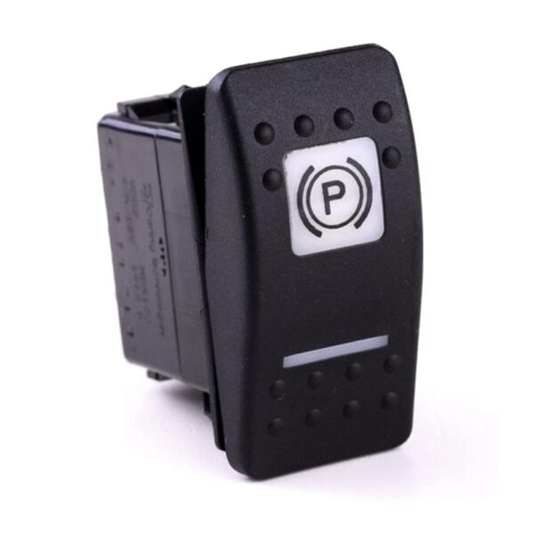 on-on Double Switch, 12V/20A, Contura II, LED 1 superbright red, LED 2 superbright green, square lens and bar lens white, symbol "parking brake"