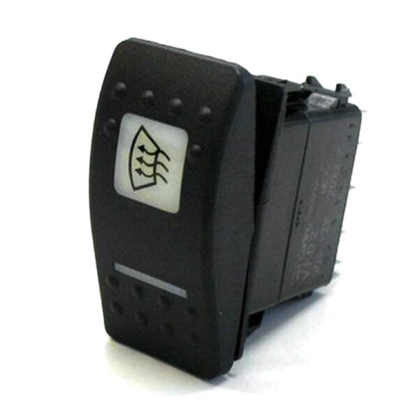 on>on Double Momentary Switch, 12V/20A, Contura II, LED 1 superbright red, LED 2 superbright green, square lens and bar lens white, symbol "windscreen heating & ventilation"