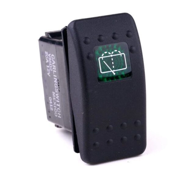 off-on<on Double Switch/Momentary Switch, 12V/20A, Contura II, LED 1 superbright green, square lens green, symbol "rear washer/wiper"