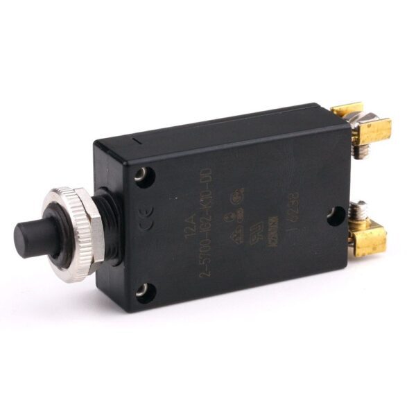 Thermal Circuit Breaker 28VDC/250VAC, 12A, for threadneck panel mounting, push to release/push to reset