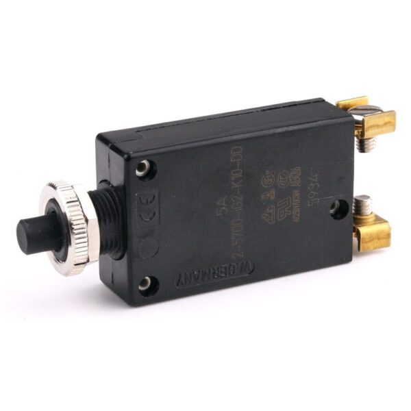 Thermal Circuit Breaker 28VDC/250VAC, 5A, for threadneck panel mounting, push to release/push to reset