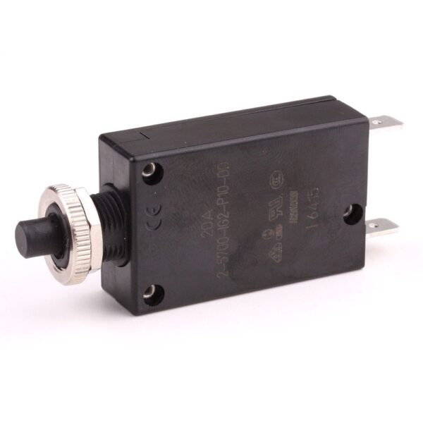 Thermal Circuit Breaker 28VDC/250VAC, 20A, for threadneck panel mounting, push to release/push to reset